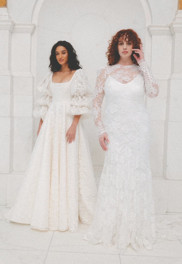 two models in lace dresses, one with tiered bell sleeves the other tight fitting