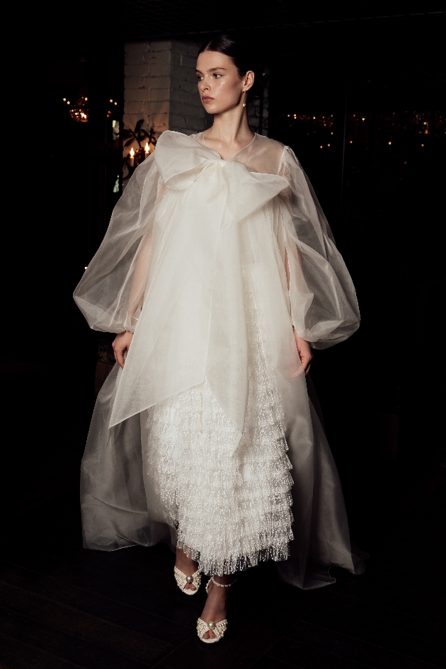 modern fringed gown with bow - necked coat in sheer fabric