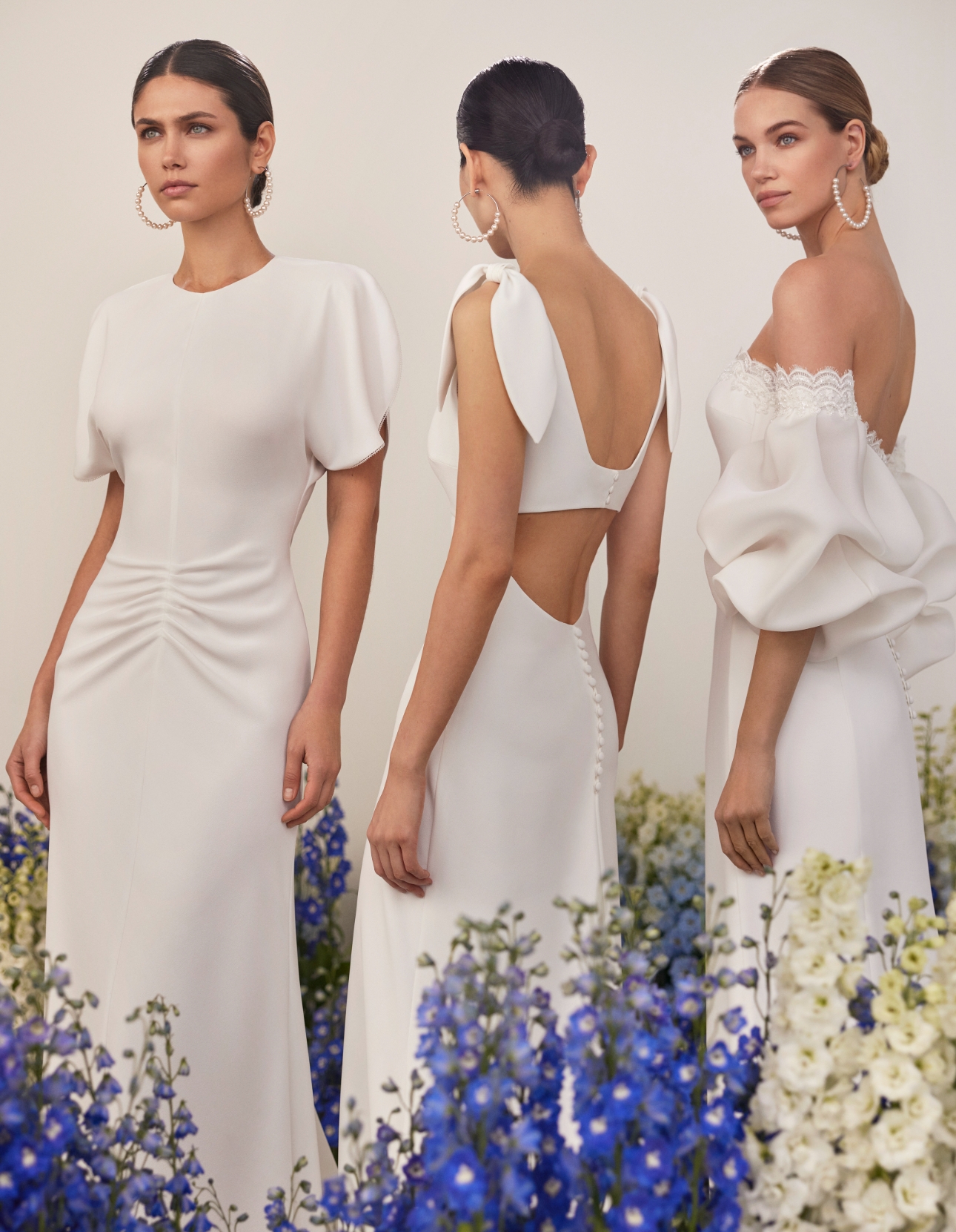 three models in wedding gowns with different necklines and back details